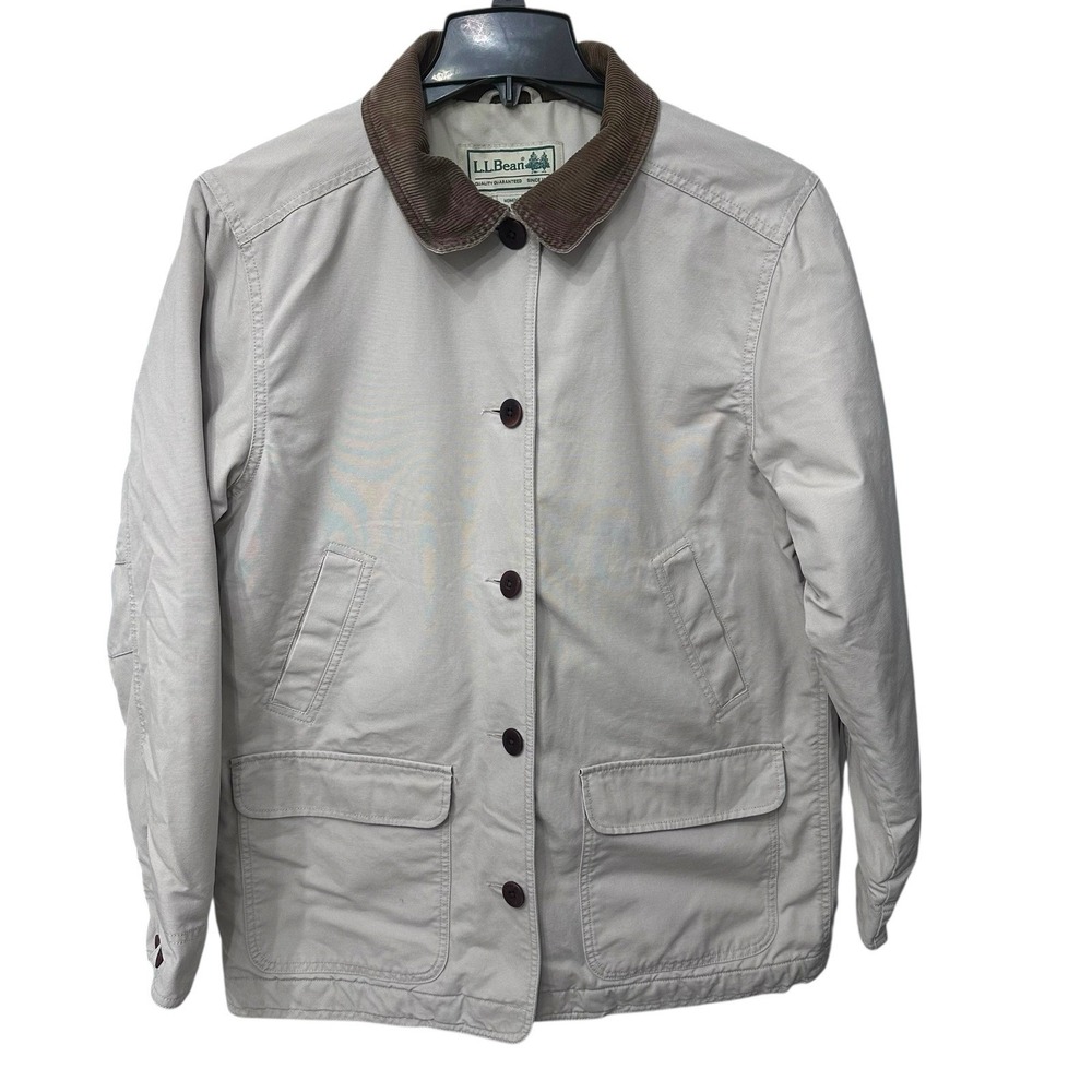 L.L. Bean Barn Coat Jacket Womens Beige Chore Quilted Lining‎ Work Size Large